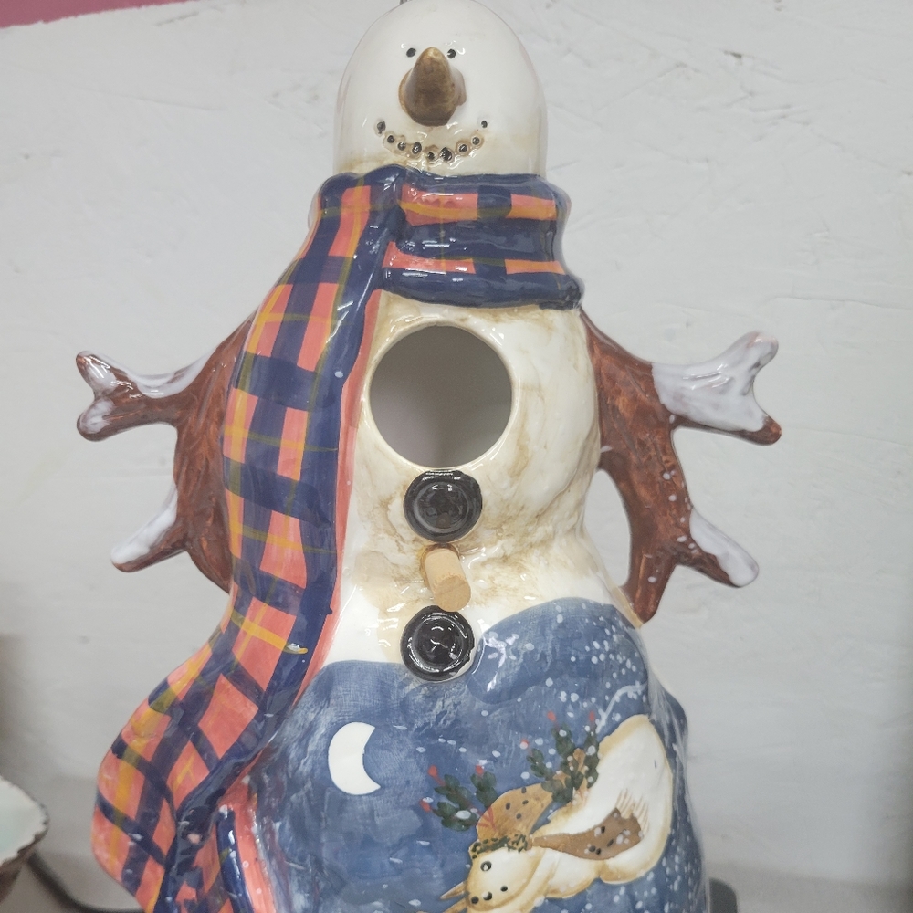 Snowman ornament 12" tall birdhouse. Hand Pai ted